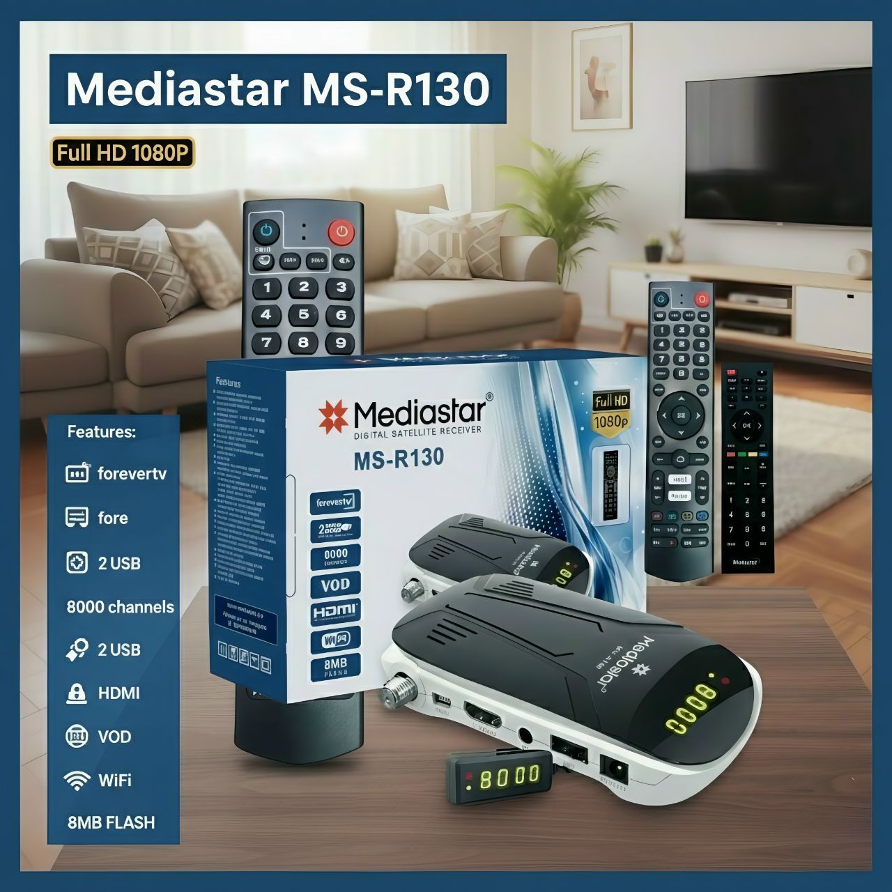 گیرنده دیجیتال مدیا استار مدل R130 نیو پلاس دو ریموت کنترل (جدیدترین کنترل مدیا استار)(ست شدن با TV) کارتن جدید