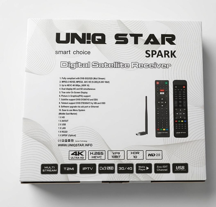 گیرنده فورکی اسپارک برند یونیک استار SPARK 4K ده بیت دو ریموت کنترل و wifi